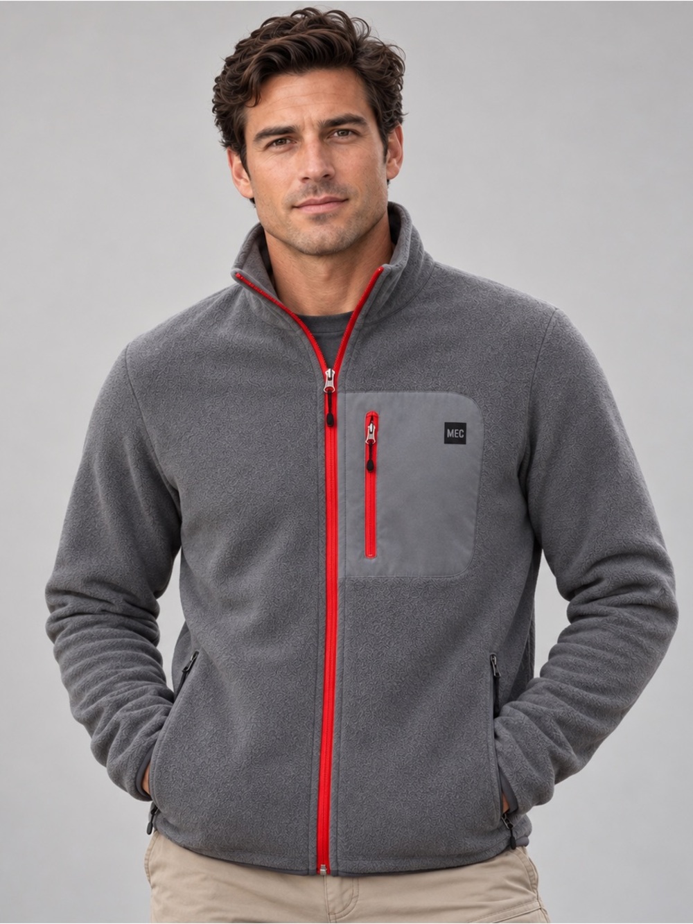 MEC Men’s Large Grey Full Zip Fleece Jacket Outdoor Hiking